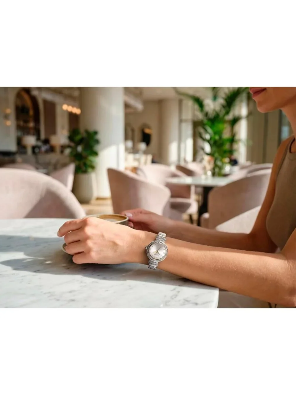 Women's Silver Round Silver Tone Crystal Accents Expansion Band Wrist Watches